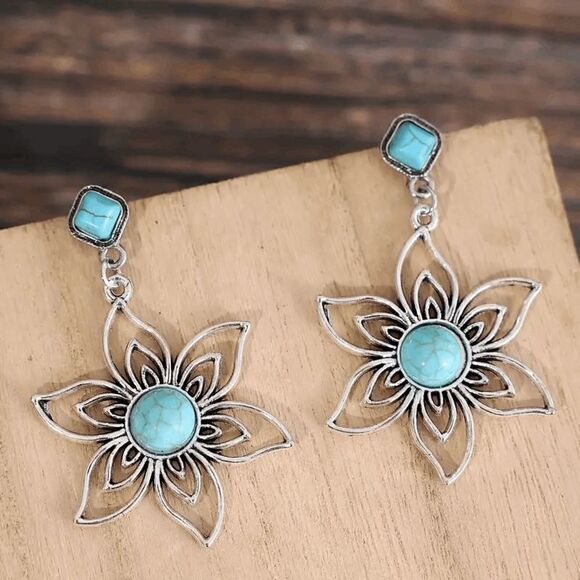 Western Lotus Silver Plated Turquoise Dangle Earrings - Picture 3 of 7